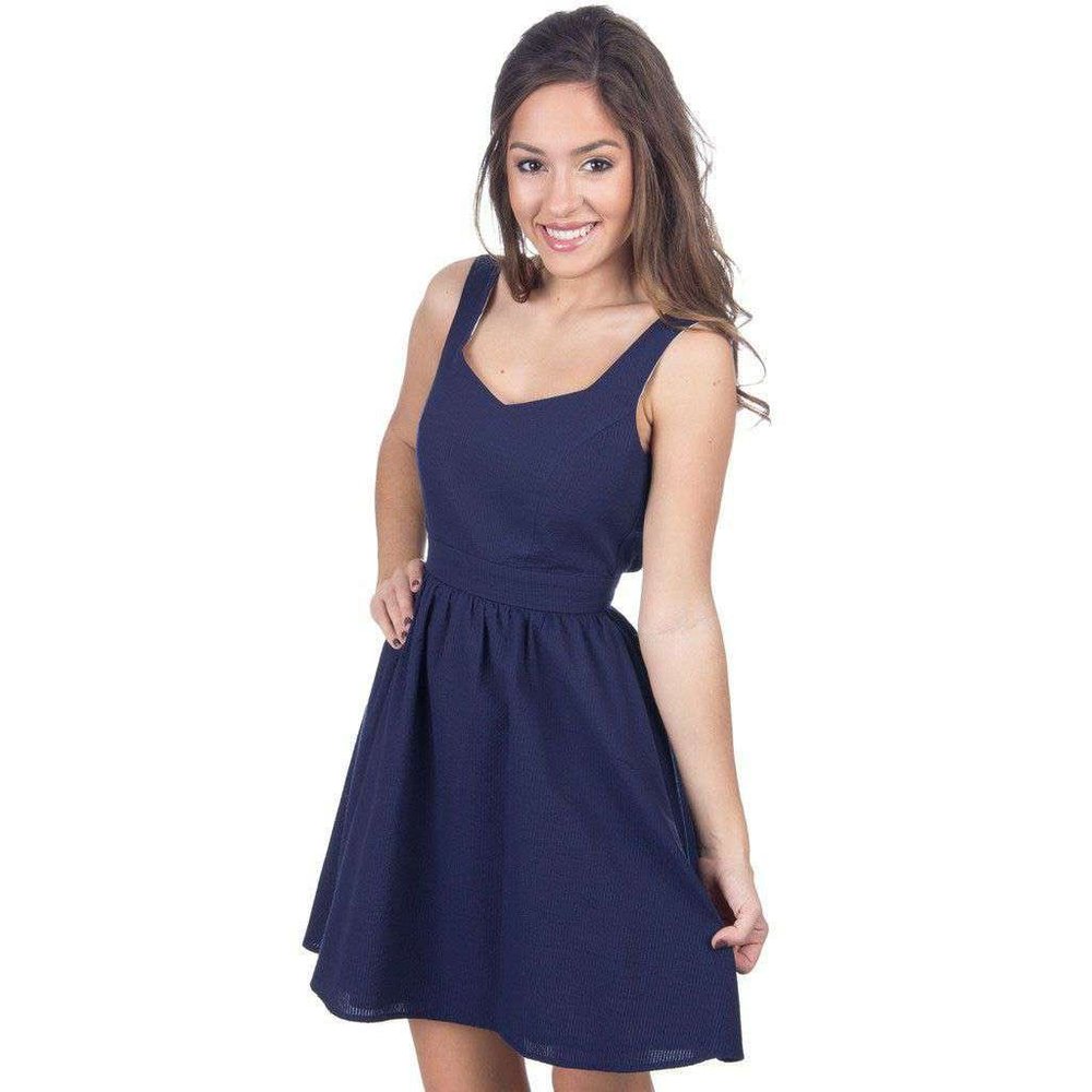 Lauren James Navy Blue Seersucker Open Back Preppy College Garrison Dress Small